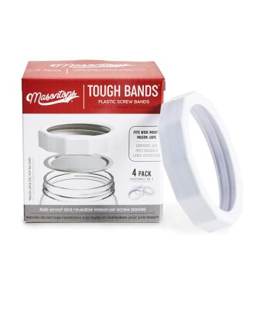 Masontops Tough Band - Wide Mouth Mason Jar Screw Bands - Quality Plastic Replacement Ring Seals & Jar Covers Tough Bands 4PK (Wide Mouth) White
