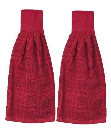 Kovot Set of 2 Cotton Hanging Tie Towels | Include (2) Hanging Towels That Latch with Hook & Loop (Red)