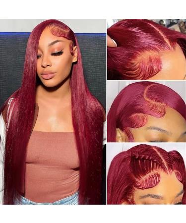 Samrabeauty 99j Burgundy Lace Front Wigs Human Hair 99J 13X4 HD Transparent Straight Lace Frontal Wigs 180% Density Glueless Pre Plucked with Baby Hair Wigs for Women(Wine Red  24 Inch) 24 Inch 99j