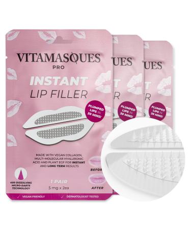 Instant Lip Filler for Plumped Lips in 30 Mins by Vitamasques - Vegan Collagen  Multi-Molecular Hyaluronic Acid & 400 Dissolving Micro-Dart Technology for Instant & Long-Lasting Results 3 Count (Pack of 1)