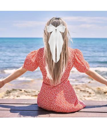 HundoPony Hair Bow Barrettes Elegant Long Tail French Ribbon Big Hair Clip for Girls and Women -Soft Silky Satin Bowknot with Metal Clips - Clothing Accessory for Parties White - Buy Online on GoSupps.com