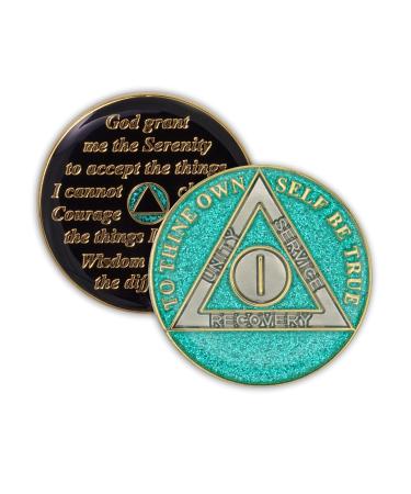 1 Year Sobriety Coin | Glitter Triplate AA Chip Recovery Anniversary Token (Aqua)