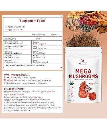 VELOTO Organic Mega Mushroom Powder Blend 10 in 1 Complex Mushroom Extract Powder Herbal Supplement with Reishi Cordyceps Chaga Lion's Mane Vegan & More Sustainably US Grown Filler Free 10oz - Buy Online on GoSupps.com
