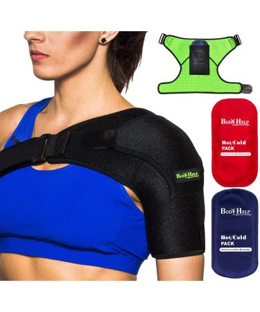 BODY HELP Shoulder Brace Support for Women&Men with 2 Hot Cold Reusable Packs for Pain Relief - Left/Right Shoulder - Fits Most People - Please Check Sizes