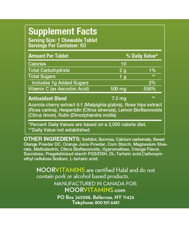 Noor Vitamins 500 MG Halal Vitamin C Chewable Tablets with Rose Hips | Immune Support | Vegan, Gluten-Free, Halal | 60 Orange Flavored Tablets | 2 Month Supply - Buy Online on GoSupps.com