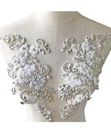 Sparkling Rhinestone Applique Mirror Pair Beaded Crystal Embroidery Floral Patch Bling Accent for Wedding Dress Evening Gown White Color 2 pieces White