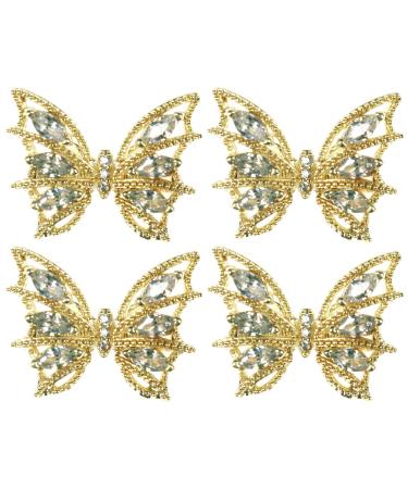 Tinsow 4 Pcs Nail Diamond Metal Nail Art Butterfly Jewelry Crystal Strass Moving Wings Butterfly Nail Diamond Stones Wedding Charms Accessories (Gold)