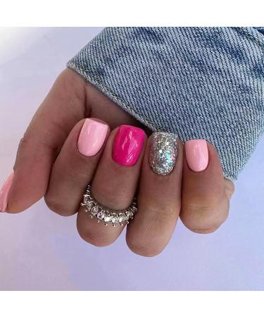 Short False Nails Square Press on Nails Cute Red and Pink Fake Nails Silver Glitter Design Glue on Nails Acrylic 24 Pcs Stick on Nails for Women Girls style24
