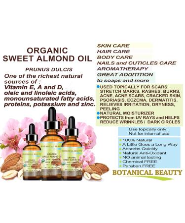 Botanical Beauty Organic SWEET ALMOND OIL 100% Pure Natural Virgin Unrefined Undiluted Cold Pressed Carrier Oil for Face Skin Body Hair Massage Nails. 1 Fl. oz - 30 ml - Buy Online on GoSupps.com