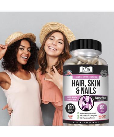 Kaya Naturals Hair Skin Nail Capsules BIOTIN Vitamin D Vitamin B-12 A Folic Acid Support Hair Support Vitamin Supplement - 180 Count 180 Count (Pack of 1) - Buy Online on GoSupps.com