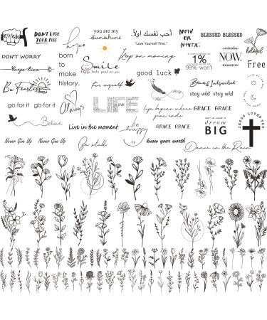 Zeecdatoo 160+ PCS Realistic Temporary Tattoos, 74 Sheets Bigger Size Three Types Fake Tattoos, Include 40 Sheets Inspirational Quotes Inspirational Words Tattoos, 22 Sheets Wild Flower Floral Tattoos, And 12 Sheets Small Flower Leaf Tattoo Stickers For W