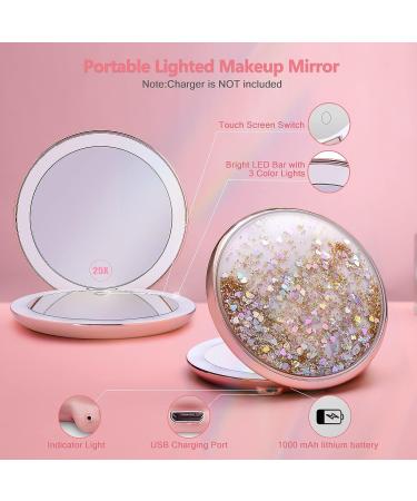 B Beauty Planet 25X Magnifying Mirror with Dimmable Light | Travel Makeup Mirror with Liquid Bling Quicksand Design | Portable Folding Mirror for Handbag | USB Charging - Buy Online on GoSupps.com