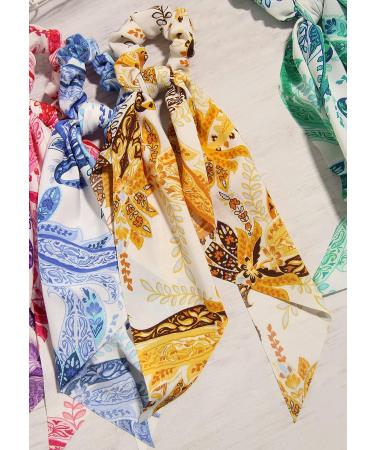 Furling Pompoms Floral Printed Hair Scarf Scrunchies - 5pcs Women's Bow Hair Bands with Long Tail Ponytail Holder - Buy Online on GoSupps.com