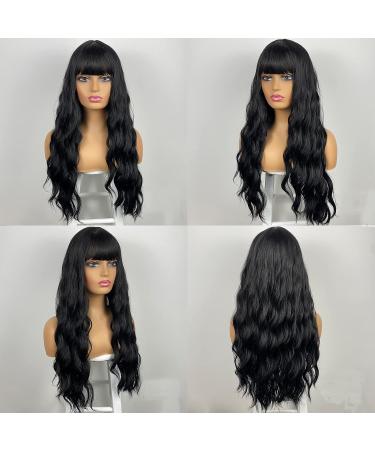 MIMISERVICE Long Wavy Black Wig with Bangs - 26 inch Heat Resistant Synthetic Wig for Women - Perfect for Parties and Daily Wear - Buy Online on GoSupps.com