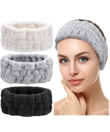 3 Pieces Spa Facial Headband for Makeup and Washing Face Terry Cloth Hairband Yoga Sports Shower Facial Elastic Head Band Wrap for Girls and Women (Black, White, Light Grey) White,Grey