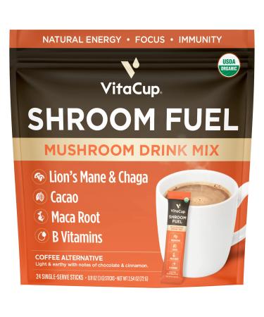 VitaCup Shroom Fuel  Mushroom Based Coffee Alternative Packets  Mushroom Coffee Substitute w/Cacao  Cinnamon  Chaga  Lions Mane  & Maca for Energy  Immune Support  & Focus  24 ct Shroom Fuel 24 Count (Pack of 1)