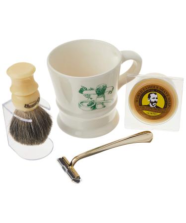 Colonel Conk Model 240 A Shave Mug Mixed Badger Brush Gold Tone Razor and Soap