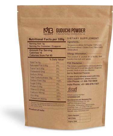 MB Herbals Guduchi Powder 8 oz - Wildcrafted Organic Neem-Giloy | Tinospora Cordifolia Stem | 0.5 LB (227g) - Buy Online on GoSupps.com