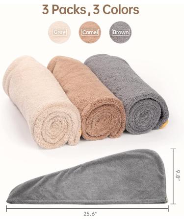 YFONG Microfiber Hair Towel 3 Pack - Super Absorbent Hair Wrap for Curly Hair - Fast Drying & Anti Frizz - Gray, Camel, Brown - Buy Online on GoSupps.com