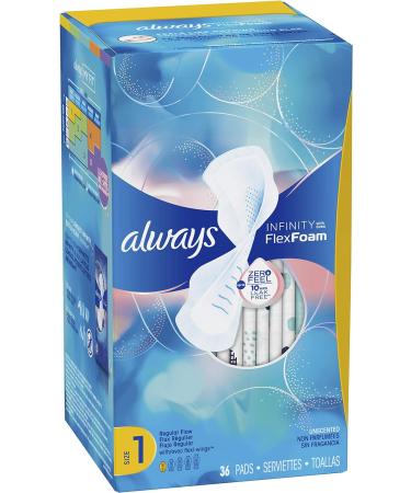 Always Infinity FlexFoam Size 1 Regular Pads 72 Count with Wings - Pack of 2 | Unscented & Absorbent | White 36 Count (72 Count Total) - Buy Online on GoSupps.com