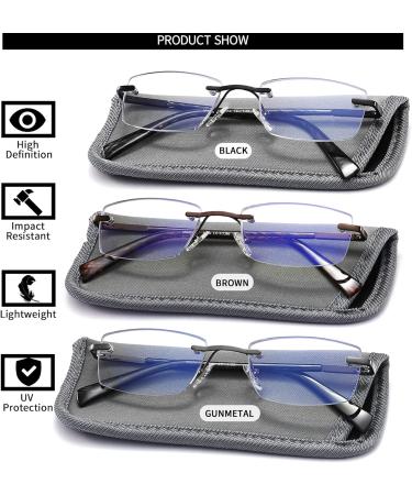 JJWELL 3 Pack Blue Light Blocking Reading Glasses for Men - Anti-Eyestrain & UV 400 Protection - Lightweight Rimless Metal Frames - Spring Hinge Eyeglasses (1.50 Strength) - Black Gunmetal Brown - Buy Online on GoSupps.com