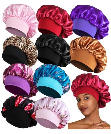 10PCS Satin Bonnets for Black Women  Large Braids Bonnet Wide Band Hair Bonnets