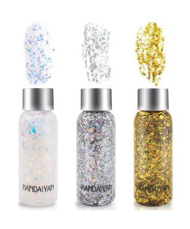 3 Bottle glitter for face body festival glitter face body glitter gel holographic chunky glitter glitter make -up for music festival masquerade Halloween Christmas (white/gold/silver) - Buy Online on GoSupps.com