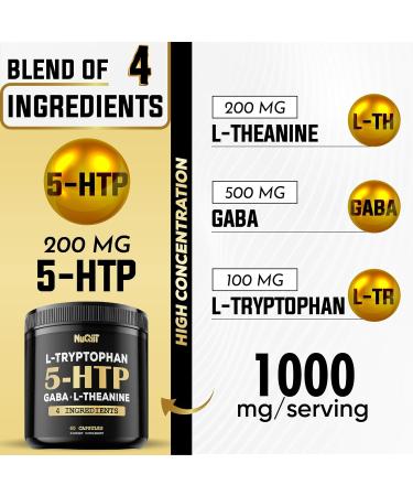 5-HTP 200mg GABA 500mg L-Theanine 200mg & L-Tryptophan 100mg Supplement - Premium 4-in-1 for Brain Health Circulation Focus & Sleep - 60 Capsules 1 Month Supply - Buy Online on GoSupps.com