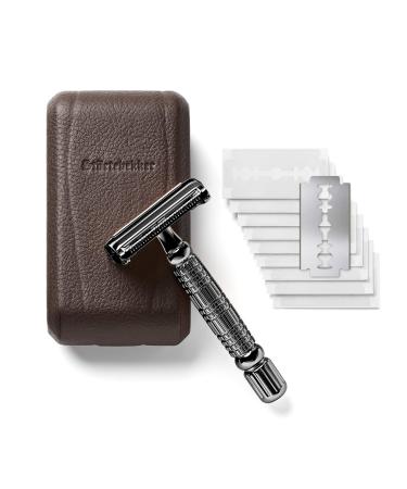 St rtebekker Premium Razor Hobel in Handmade Leather Etui |Razor set with 10 razor blades travel etui and built-in mirror |Wet razier in a vintage look with 2-page blade head black-caf