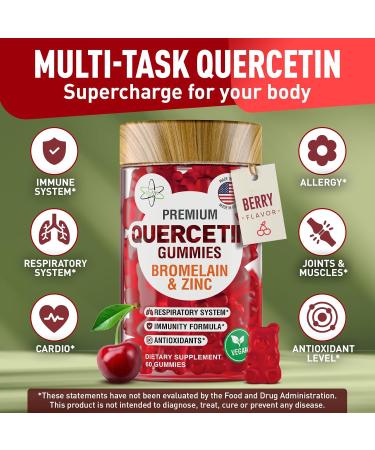 BioVit Quercetin Gummies 500MG - Activated Quercetin for Kids & Adults Immune System & Allergy - Chewable with Bromelain Zinc Vitamin C Vitamin D3 - Made in USA - 60 Vegan Gummy Bears - Buy Online on GoSupps.com