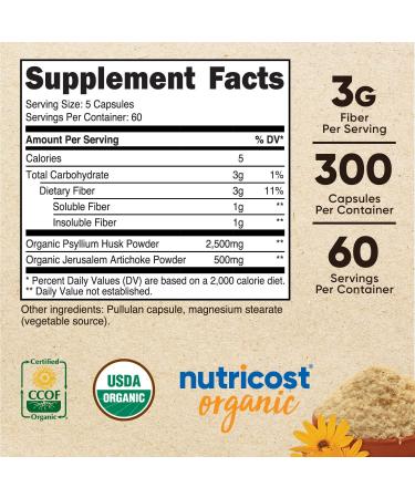 Nutricost Fiber Capsules with Organic Psyllium Husk & Jerusalem Artichoke - 300 Capsules | Prebiotic Fiber Supplement, Gluten Free, 3g Per Serving - Buy Online on GoSupps.com