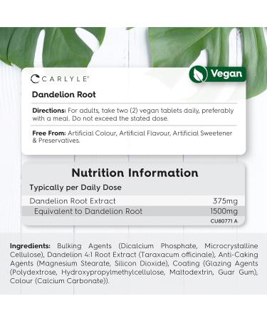 Dandelion Tablets 1500mg | High Strength Dandelion Root Extract | Liver & Digestion Support | 120 Vegan Tablets | by Carlyle - Buy Online on GoSupps.com