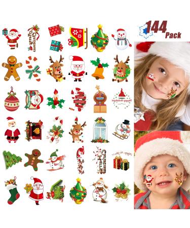 Christmas Temporary Tattoo for Kids Adult  144 Pcs Assorted Cute Designs Stick Xmas Holiday Birthday Party Favors