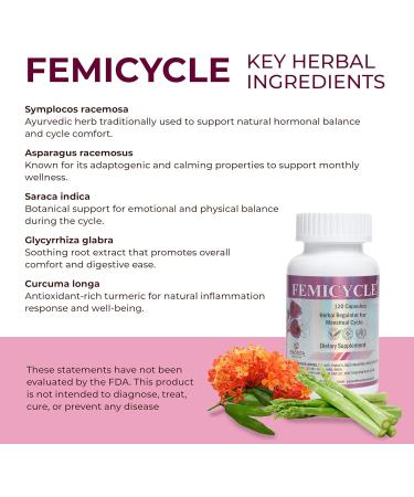 FEMICYCLE Herbal Supplement for Women PMS Hormonal & Menstrual Cycle Support Lodh Tree Ashoka Asparagus Licorice & Turmeric Period Wellness Formula 120 Vegan Capsules - Buy Online on GoSupps.com