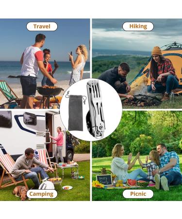 HONZIN Camping Utensil Set - 5-in-1 Multi Functional Stainless Steel Folding Flatware with Carrying Bag - Portable Knife, Spoon, Fork, Bottle Opener, Can Opener Combo Set (1 Pack) - Buy Online on GoSupps.com