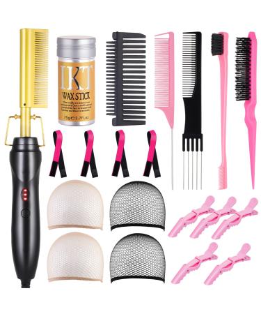 Electric Hot Comb Straightener Set with Adjustable Settings for Black Women's Hair - Pressing Flat Iron Curling Comb and Natural Hair Install Kit
