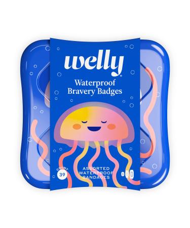 Welly Bandages - Waterproof | Adhesive Flexible Fabric Bravery Badges | Assorted Shapes for Minor Cuts, Scrapes, and Wounds | Colorful and Fun First Aid Tin | Jellyfish Patterns - 39 Count Jellyfish Patterns (Waterproof)