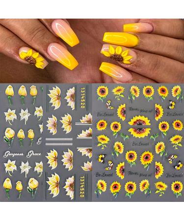 FULDGAENR 5D Embossed Flower Nail Stickers for Nail Art Supplies  Self Adhesive Botanical Nail Art Stickers with Yellow Sunflower Tulip Designs Decals Nail Accessories Decorations for Women Girls Zjt-cg-a11