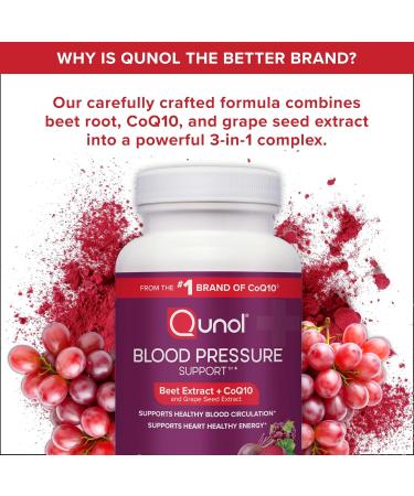 Qunol Blood Pressure Support 3 in 1 Beets + CoQ10 + Grape Seed Extract Beet Root Capsules That Supports Healthy Blood Circulation & Heart Healthy Energy 60 Count (Pack of 1) Unflavored 60 Count (Pack of 1) - Buy Online on GoSupps.com