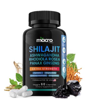 MACRO VITAL Shilajit for Men and Women 8-in-1 Supplement Organic Shilajit Capsules with Ashwaganda Rhodiola Rosea and Panax Ginseng for Energy-Stamina- 60 Veggie Capsules
