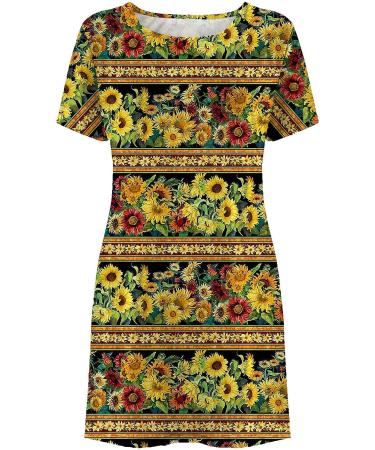 2022 Women's Casual Crewneck Tshirt Dress - Yellow Large, Tropical Print Boho Beach Sundress - Buy Online on GoSupps.com