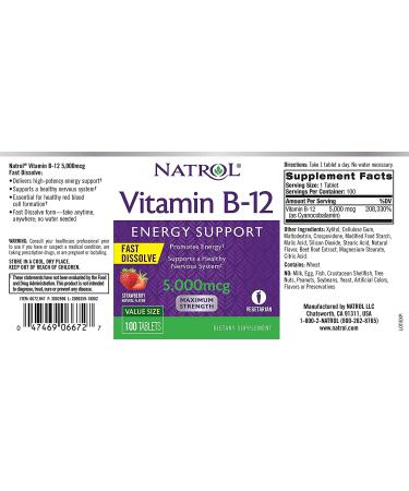 Natrol Fast Dissolving Vitamin B12 5000 mcg â€“ 100 Tabs | Boost Energy & Support Metabolism - Buy Online on GoSupps.com