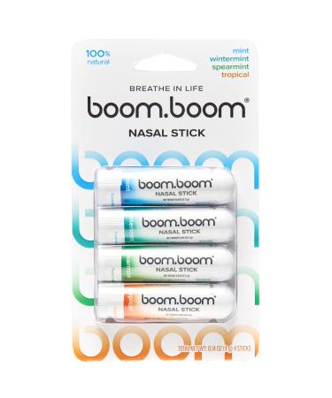 BoomBoom Nasal Stick | Vapor Flow Technology | Cool Refreshing Sensation | Natural Mood Boost | Simple Ingredients | Essential Oils + Menthol Inhaler (Mint Wintermint Tropical Spearmint) 4 Pack Variety