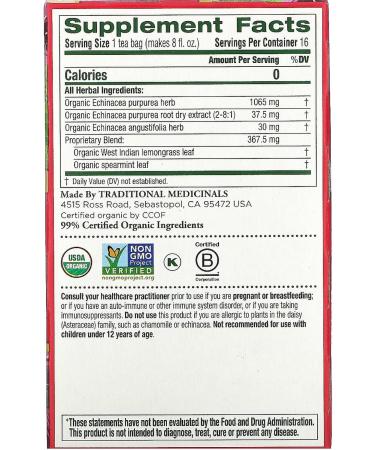Traditional Medicinals - Organic Echinacea Plus Herbal Tea (Pack of 1) - Help Relieve Cold and Flu Symptoms - 16 Tea Bags Total Echinacea Plus 16 Count (Pack of 1) - Buy Online on GoSupps.com