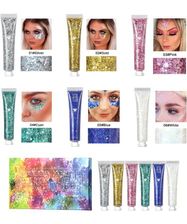 6 Colors Glitter Gel Set for Eyes, Hair, Nails - Sparkling Mermaid Holographic Sequins - Festival & Halloween Makeup Kit - Buy Online on GoSupps.com