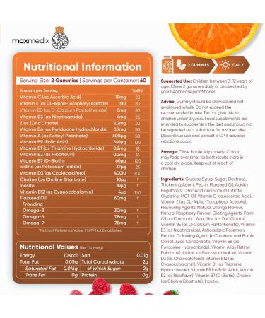 Multivitamin for Kids - 120 Natural Raspberry & Orange Flavour Chewable Gummies (2 Month Supply) - Low-Sugar Childrens Multivitamins with Zinc & Omega 3 6 & 9 - Vegetarian Vitamins for Kids Multivitamin Gummies - Buy Online on GoSupps.com