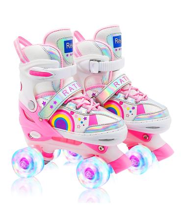 Kids Roller Skates for Boys Ages 6-12, RATIKY Adjustable Roller Skates for Kids, Toddlers Roller Skates with 8 Lights Up Glow Wheels, Outdoor Roller Skates for Girls Adults Roller-Skates Pink Small