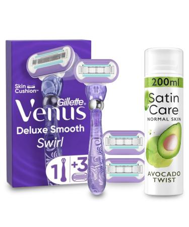 Gillette Venus Deluxe Smooth swirl razor women set women's shaver + 3 razor blades with 5-fold blade + satin care intimate care razor gel (200 ml) avocado twist gift for women
