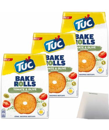 TUC Bake Rolls Tomato Olive Bread Crisps (Pack of 3 x 150g) + usy Block