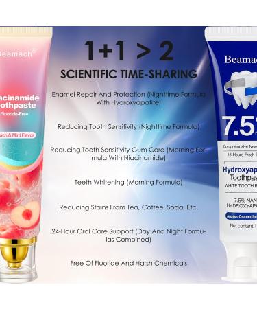 Niacinamide Whitening Toothpaste + Nano Hydroxyapatite Toothpaste Day & Night Care Set Fluoride-Free | Enamel Repair | Breath Freshening | Appropriate for Sensitive Teeth (2) - Buy Online on GoSupps.com